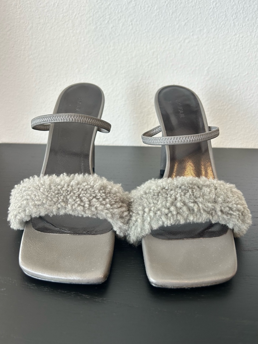 BY FAR Gray Shearling Strap Heeled Sandal - Picture 2 of 10